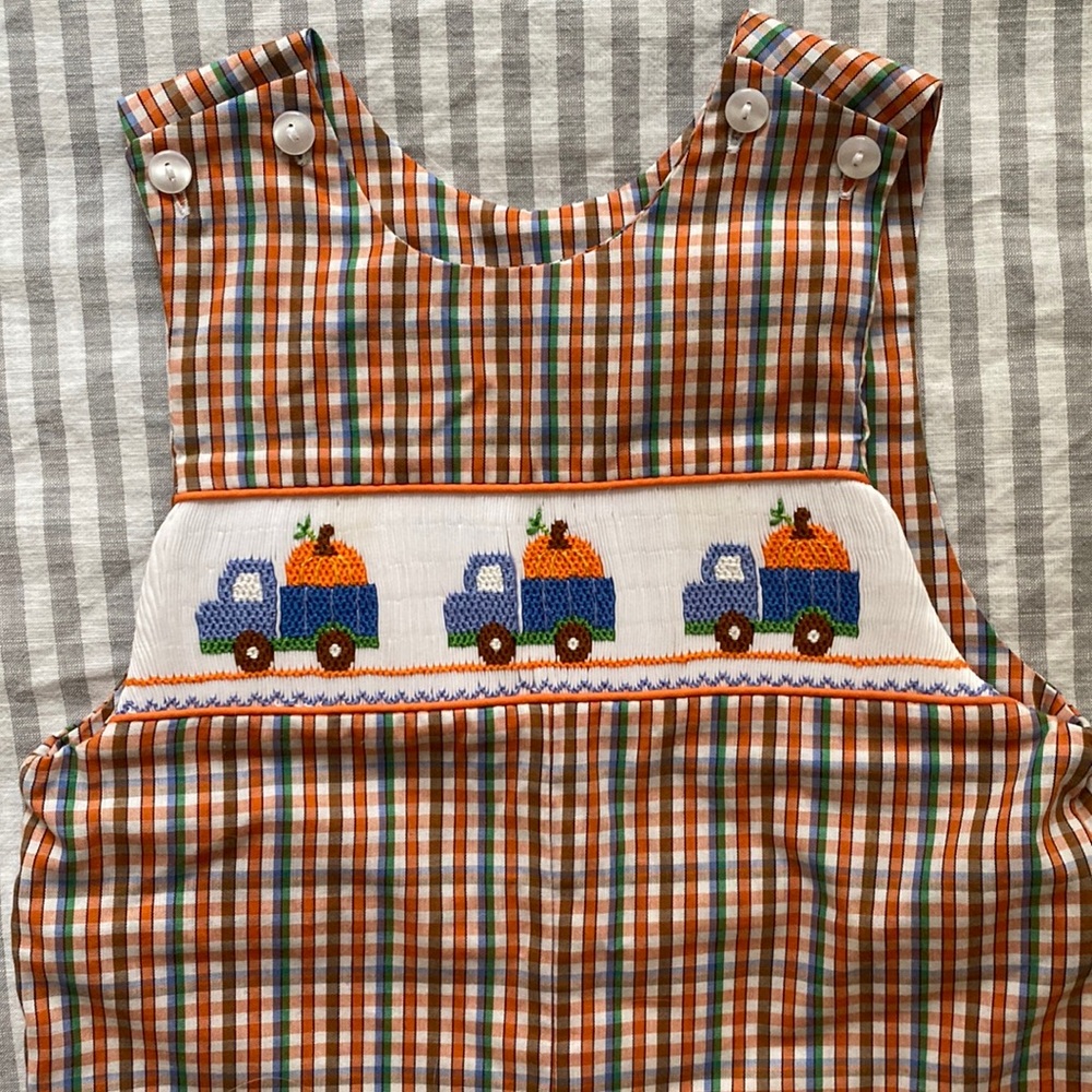 Adorable Smocked Pumpkin Trucks Plaid Jon Jon Longall Romper